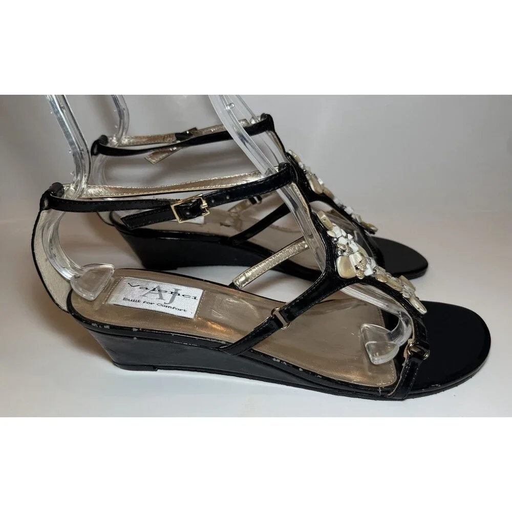 AJ Valenci Built for Comfort Black Patent Beaded T Strap Wedge Sandals 10M